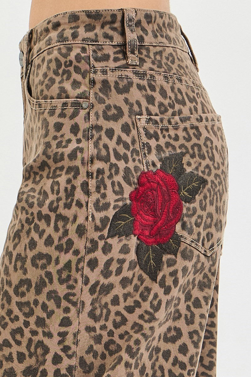 SLOUCHY BARREL ROSE EMBROIDERED LEOPARD PRINT PANTS