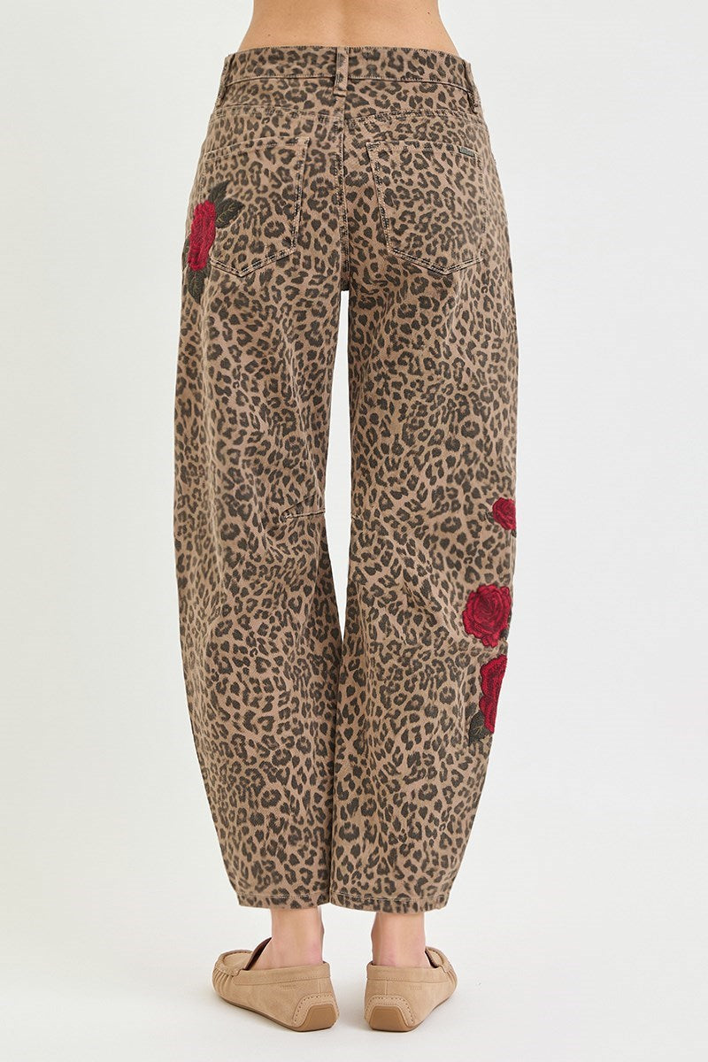 SLOUCHY BARREL ROSE EMBROIDERED LEOPARD PRINT PANTS