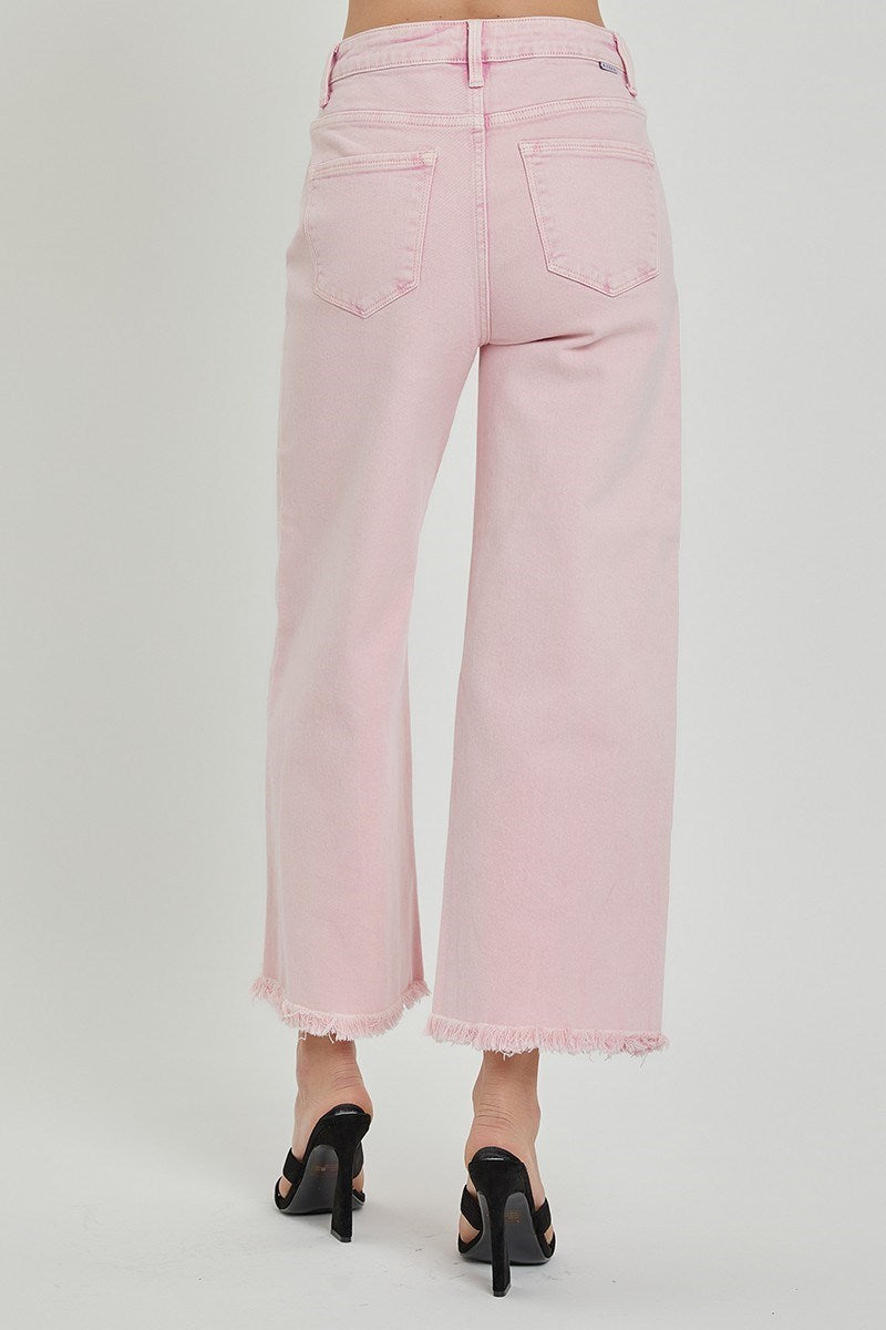 IGH RISE TUMMY CONTROL CROP WIDE LEG PANTS-Acid Pink