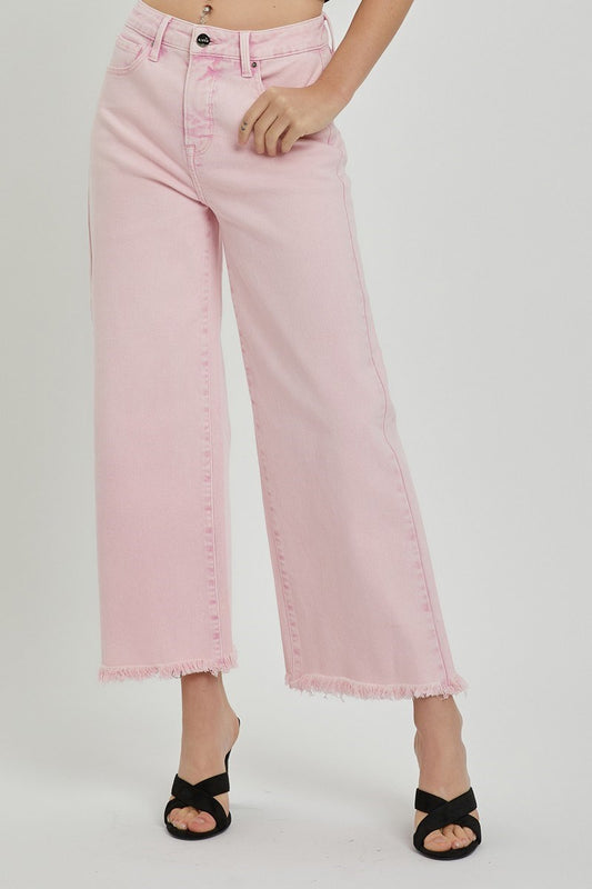 IGH RISE TUMMY CONTROL CROP WIDE LEG PANTS-Acid Pink