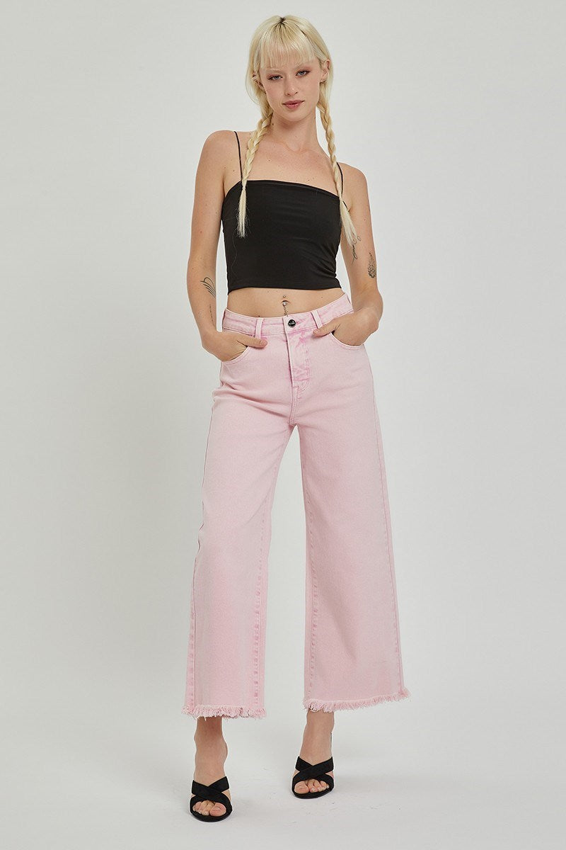 IGH RISE TUMMY CONTROL CROP WIDE LEG PANTS-Acid Pink