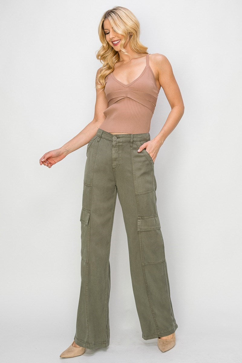 TENCEL WIDE LEG CARGO PANT-Olive