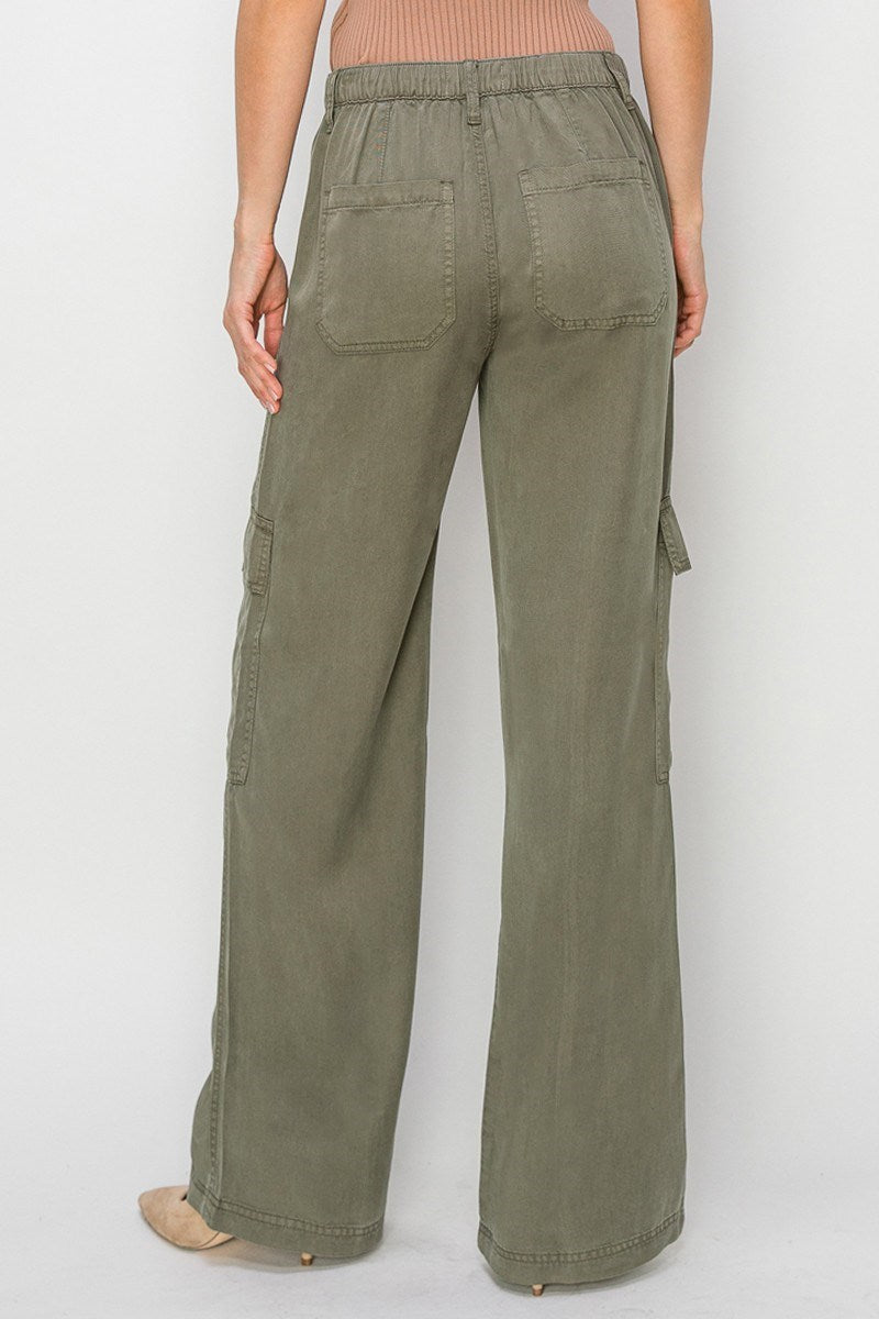 TENCEL WIDE LEG CARGO PANT-Olive