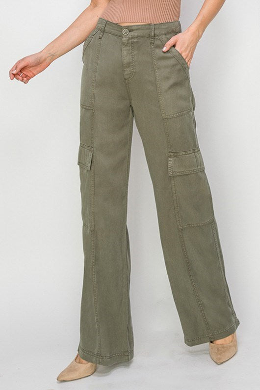 TENCEL WIDE LEG CARGO PANT-Olive