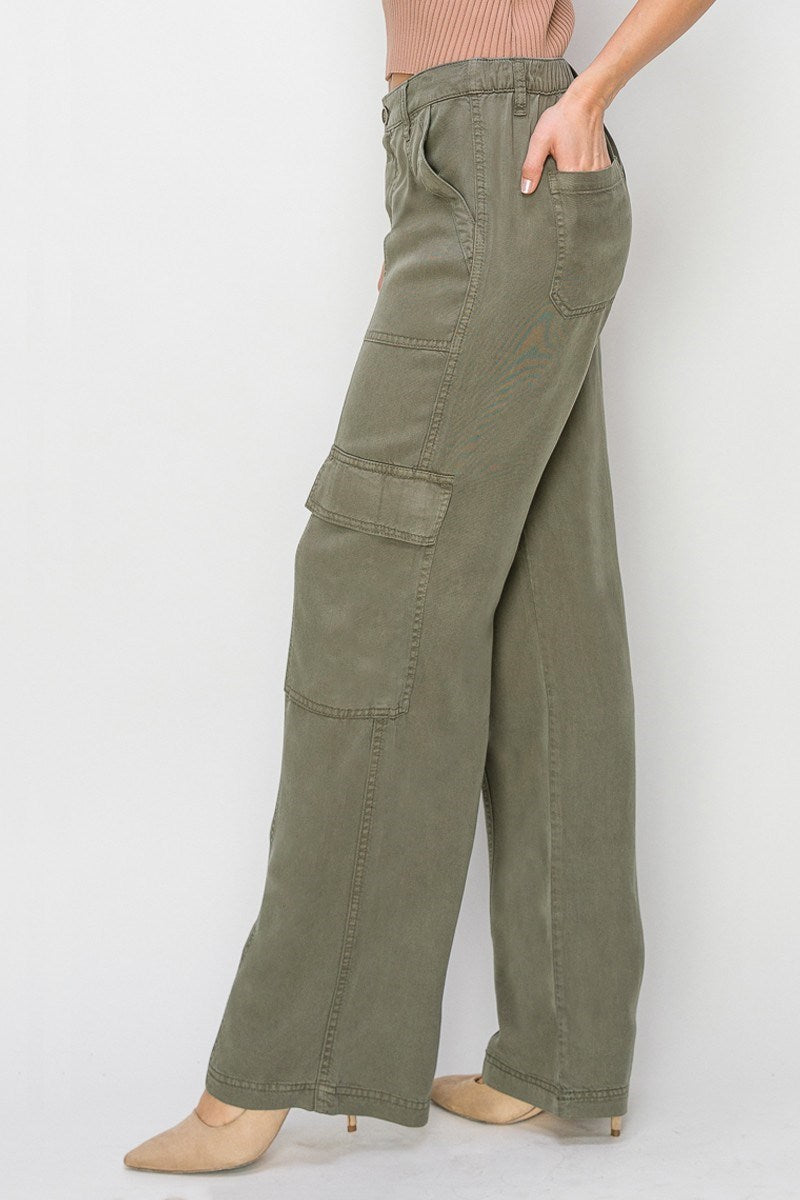 TENCEL WIDE LEG CARGO PANT-Olive