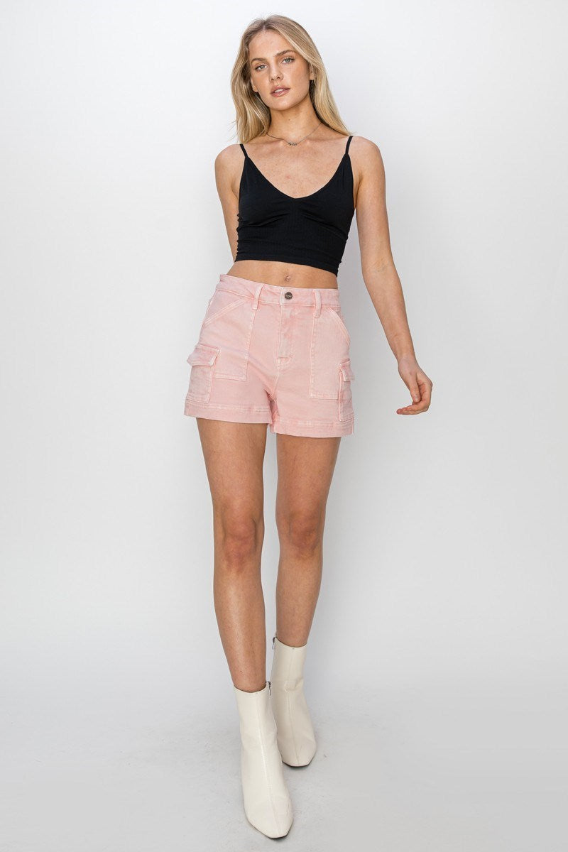 HIGH RISE SIDE CARGO POCKET SHORTS-Soft Pink