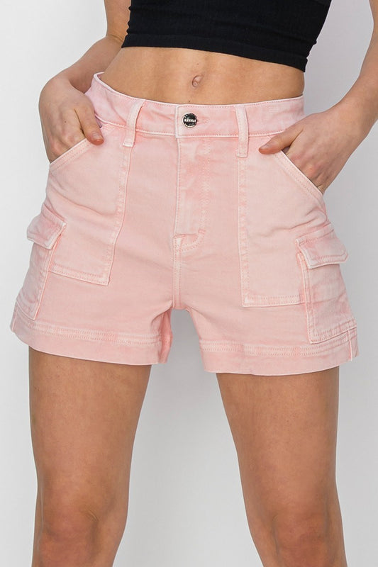 HIGH RISE SIDE CARGO POCKET SHORTS-Soft Pink