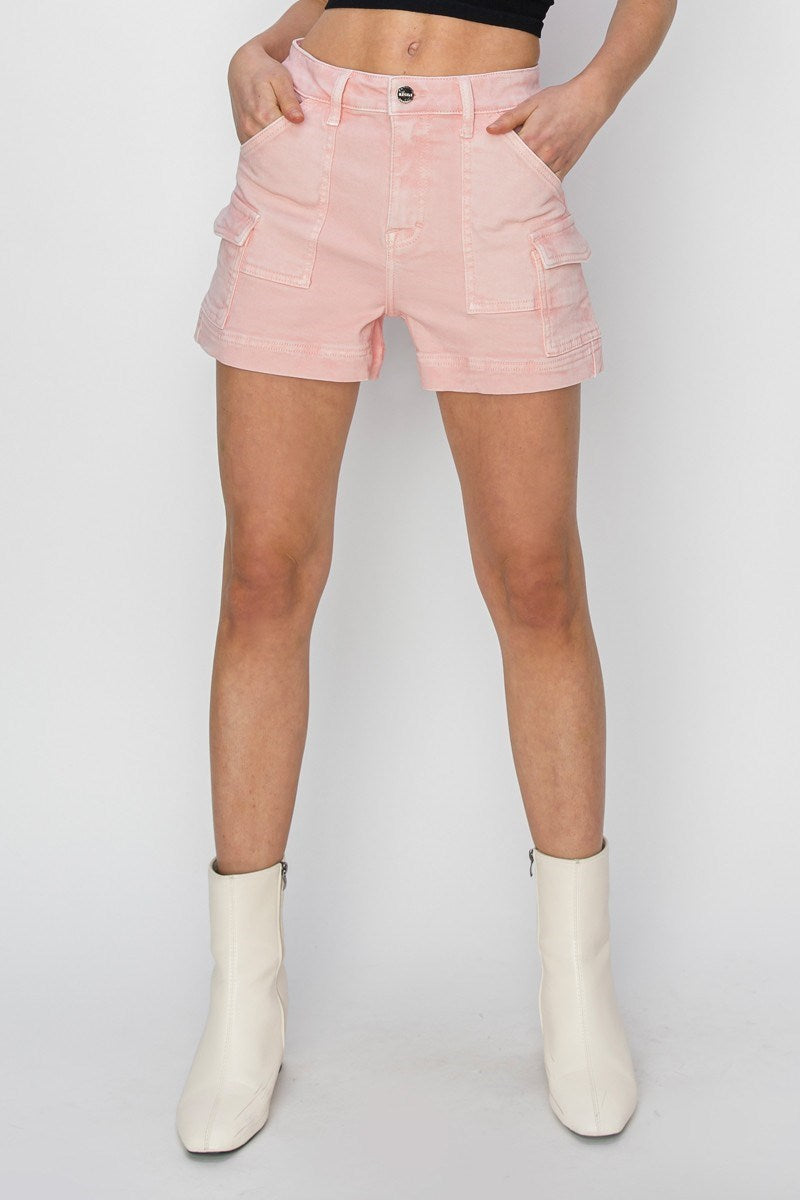 HIGH RISE SIDE CARGO POCKET SHORTS-Soft Pink