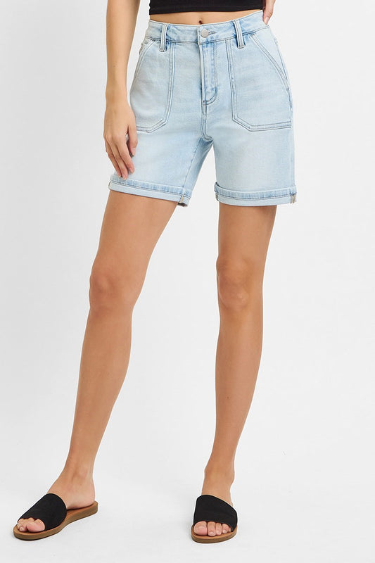 HIGH RISE PATCH POCKET CUFFED RELAXED SHORTS-Light