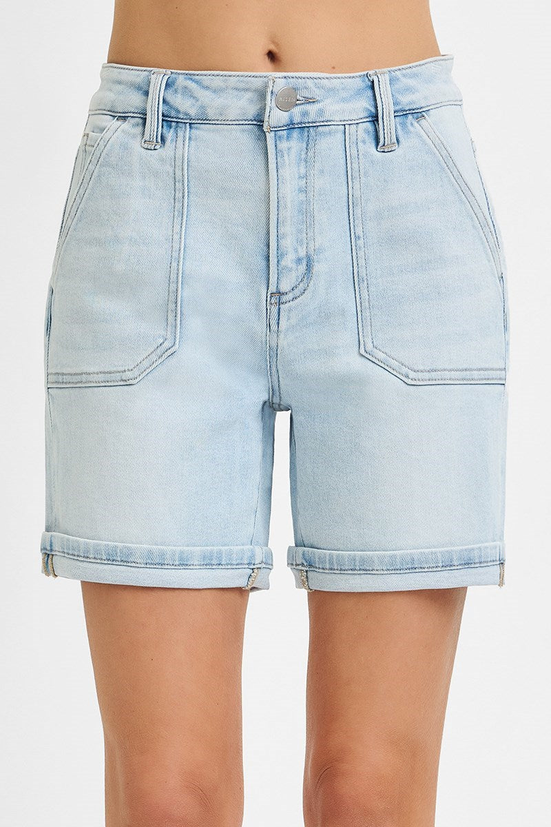 HIGH RISE PATCH POCKET CUFFED RELAXED SHORTS-Light