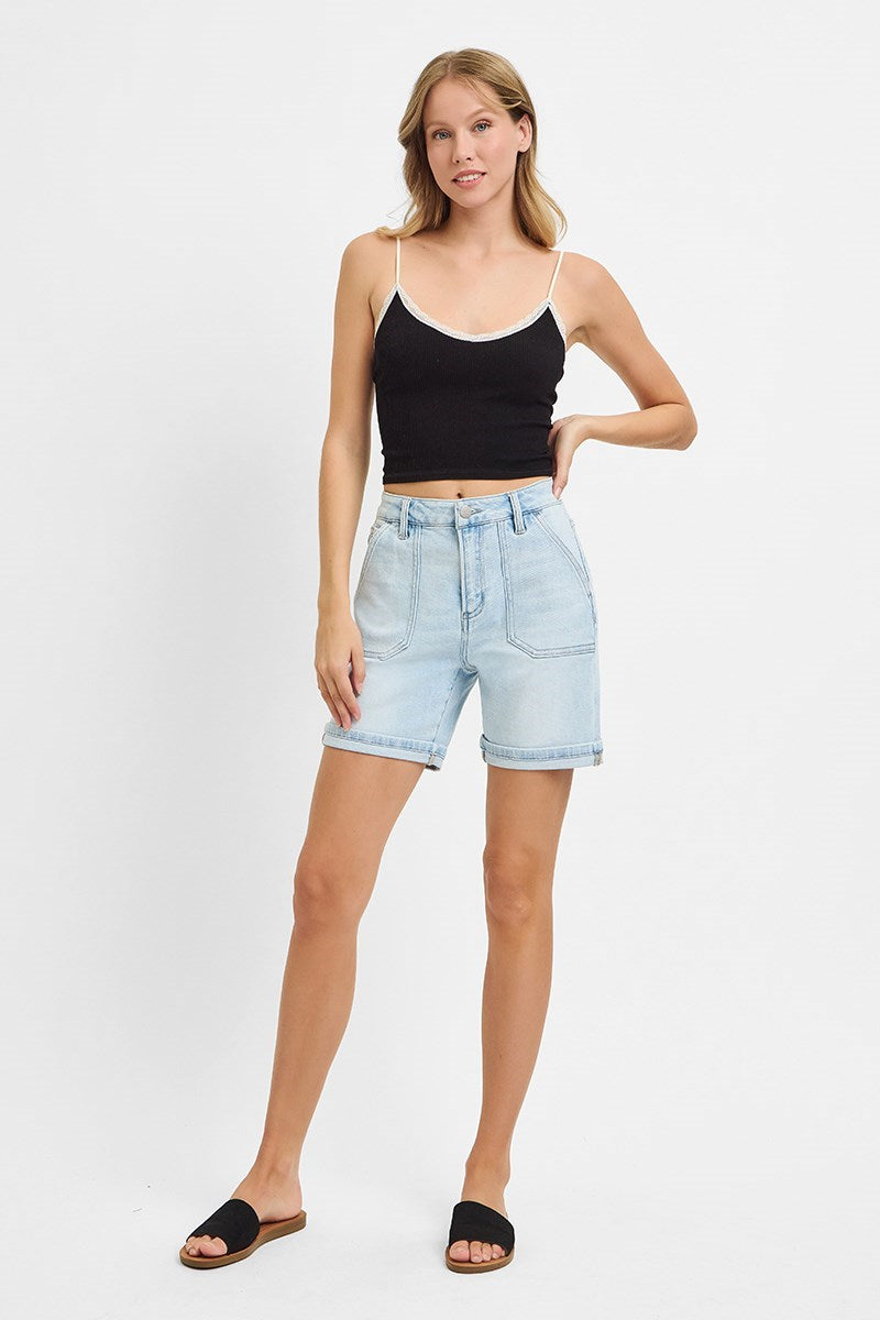 HIGH RISE PATCH POCKET CUFFED RELAXED SHORTS-Light