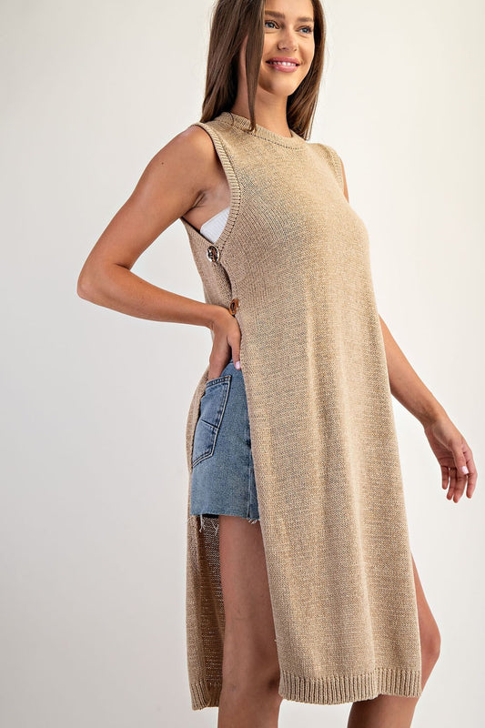 Corrine Side Button Sleeveless Open Longline Sweater -Oak Latte