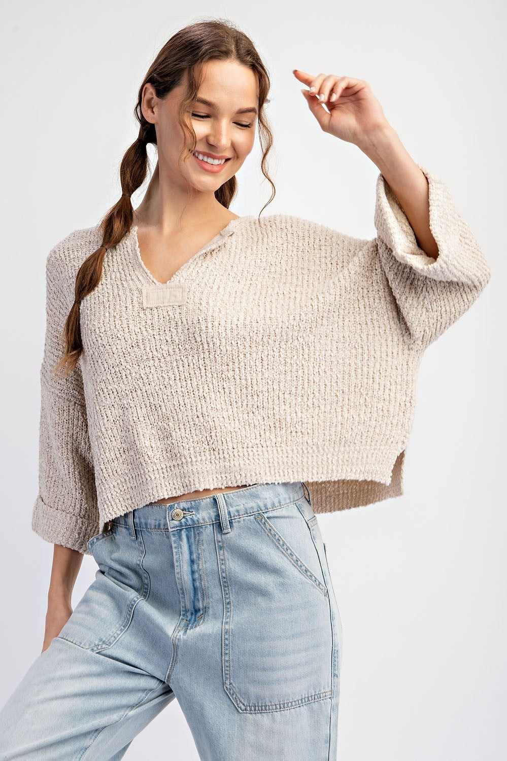 Heather Textured V-Neck Sweater Top-Oatmeal