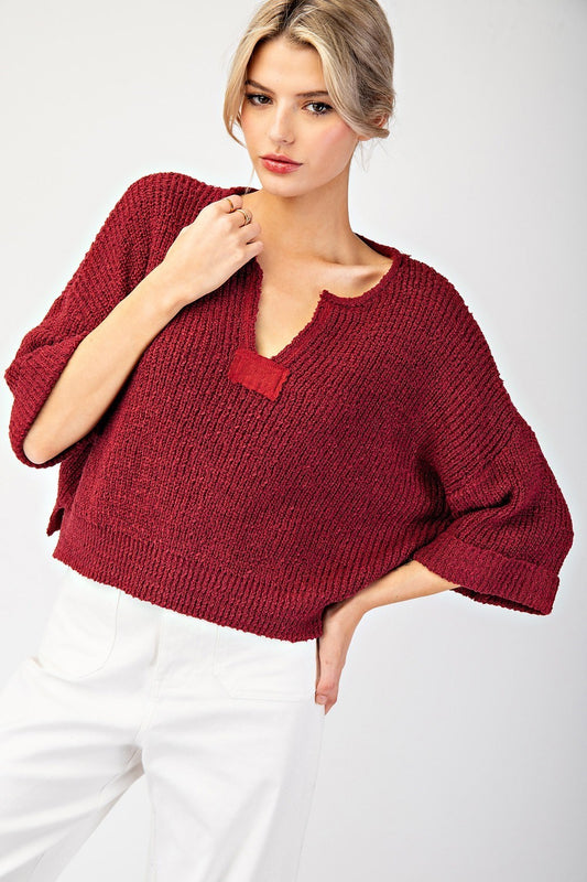 Heather Textured V-Neck Sweater Top-Cranberry