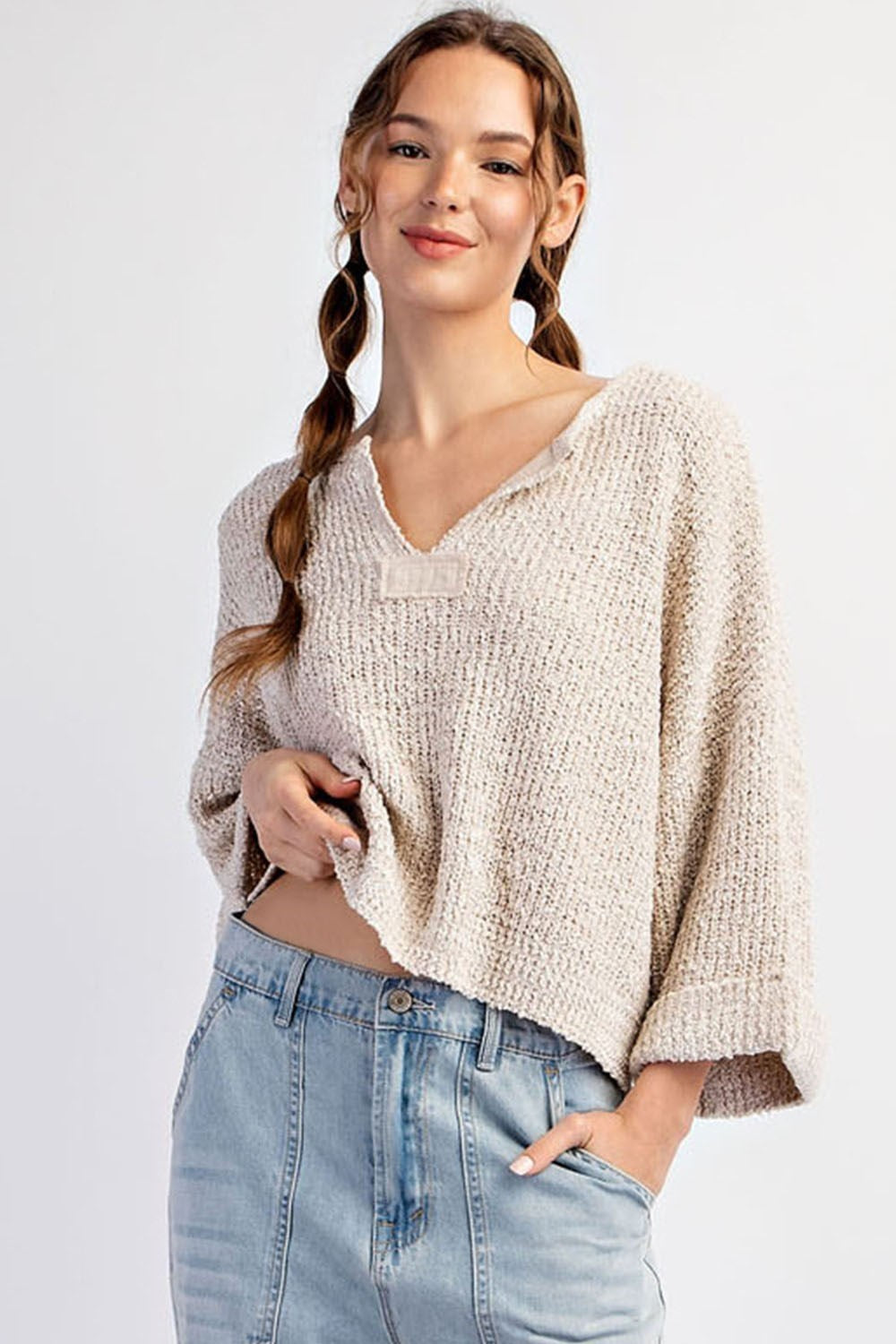 Heather Textured V-Neck Sweater Top-Oatmeal