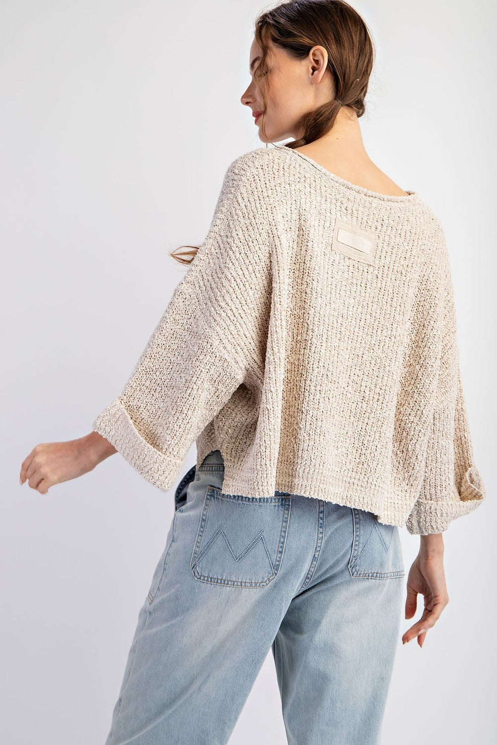 Heather Textured V-Neck Sweater Top-Oatmeal