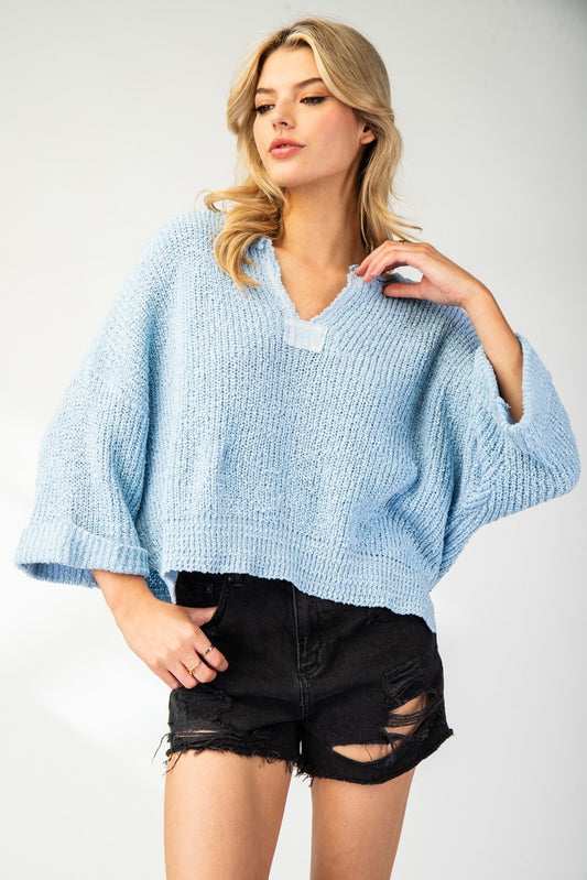 Heather Textured V-Neck Sweater Top-Periwinkle