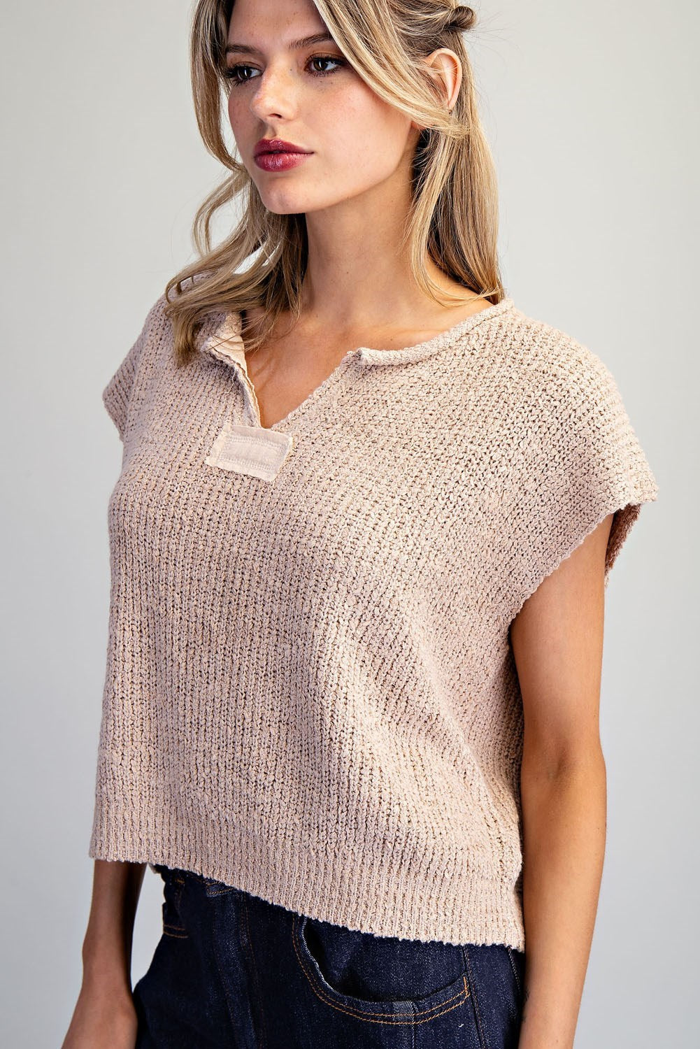 Dana Solid Cap Sleeve Notched Neck Knit Sweater-Oatmeal