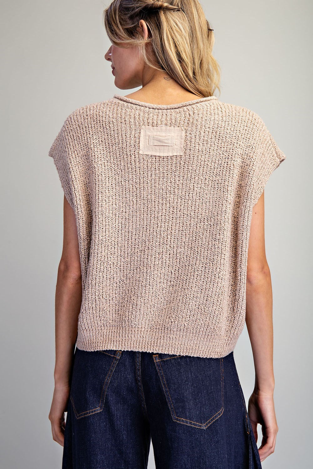 Dana Solid Cap Sleeve Notched Neck Knit Sweater-Oatmeal