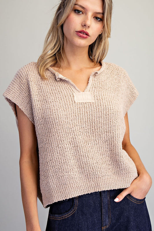 Dana Solid Cap Sleeve Notched Neck Knit Sweater-Oatmeal