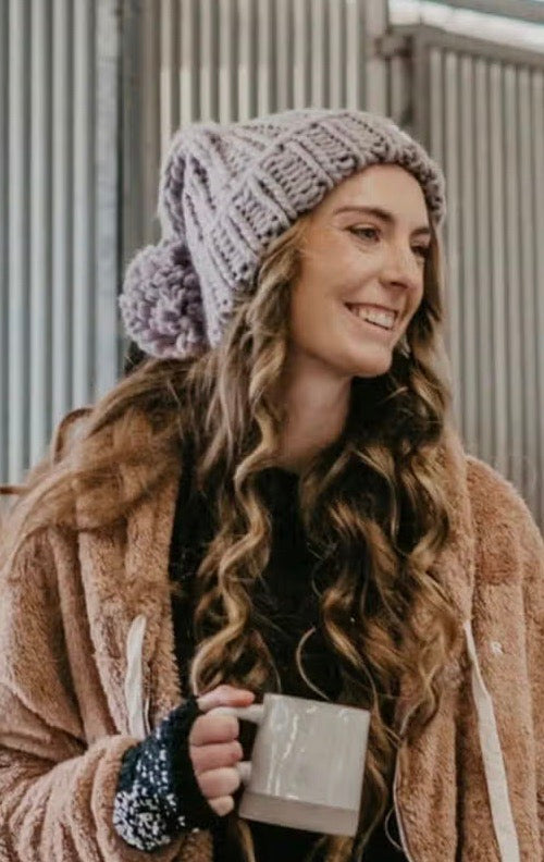 Oversized Knit Pom Pom Beanie-Gray