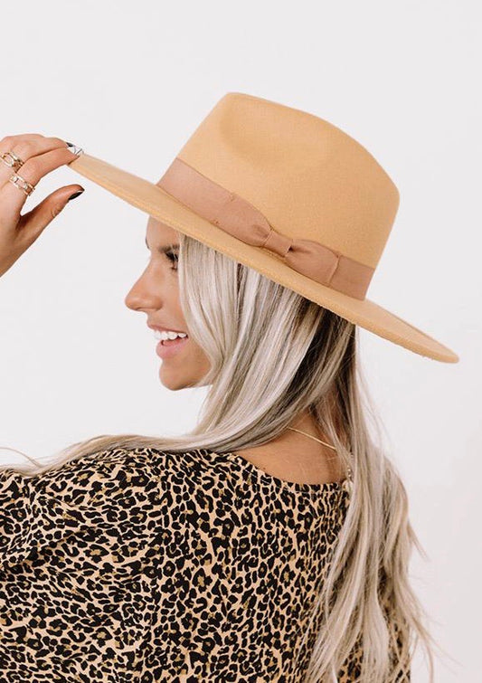 Dolly Rancher Wide Brim Felt Hats with Ribbon-Taupe