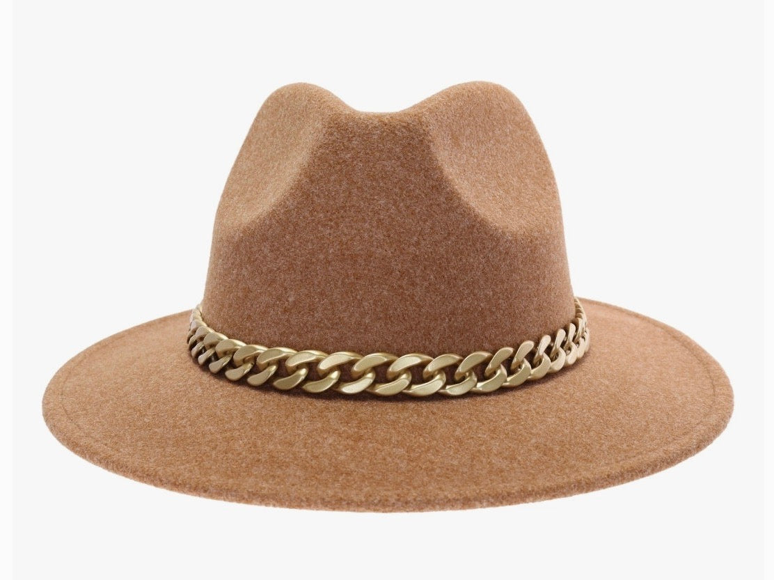 Chain Trim Vegan Fabric C.C Panama Hat-Golden Camel