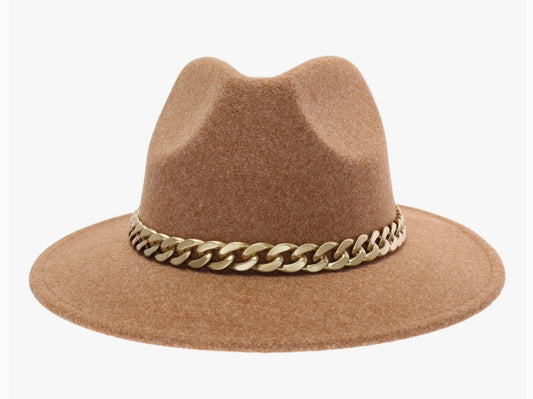 Chain Trim Vegan Fabric C.C Panama Hat-Golden Camel