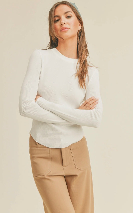 RIBBED LONG SLEEVE BASIC TOP-White