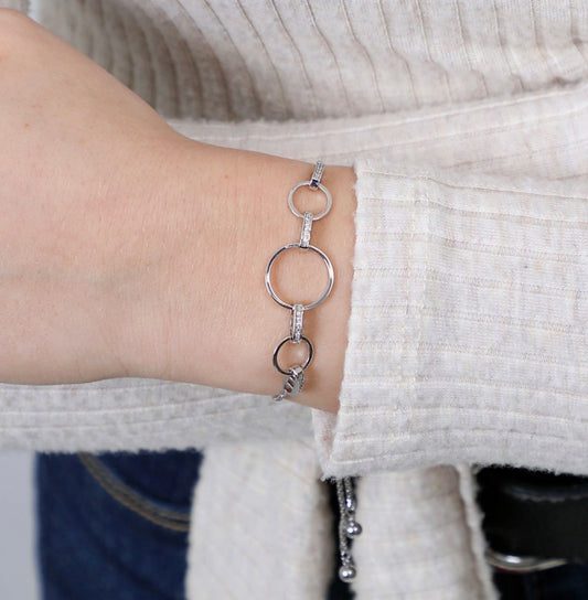 Circle Link Sparkly Adjustable Pull Slider Bracelet-Silver