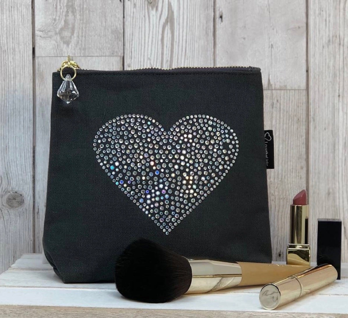 Love Heart Grey Canvas Sparkly Make Up Bag