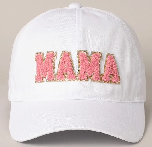 MAMA Chenille Letter Patch Cotton Baseball Cap-White