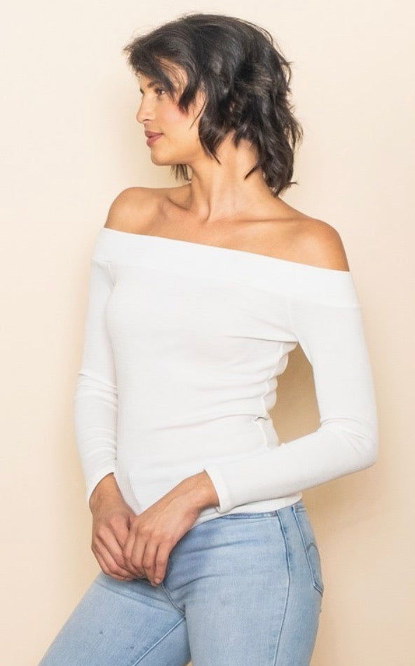 Soft Touched Off Shoulder Ribbed Top-Off White