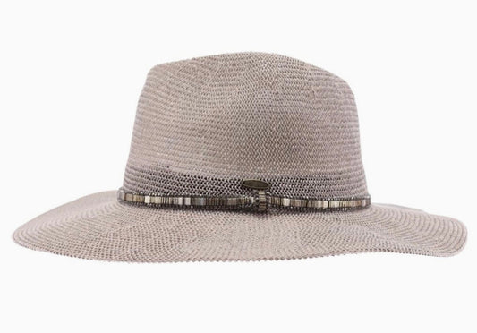 Knit Multi Thread Rhinestone Band Panama Hat-Lt Gray