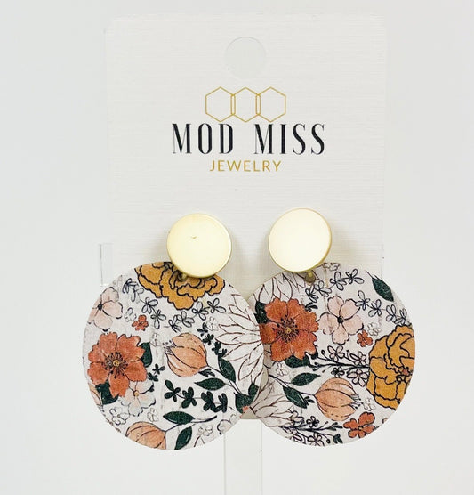 Cork+Leather Round Earring "Boho Blooms"