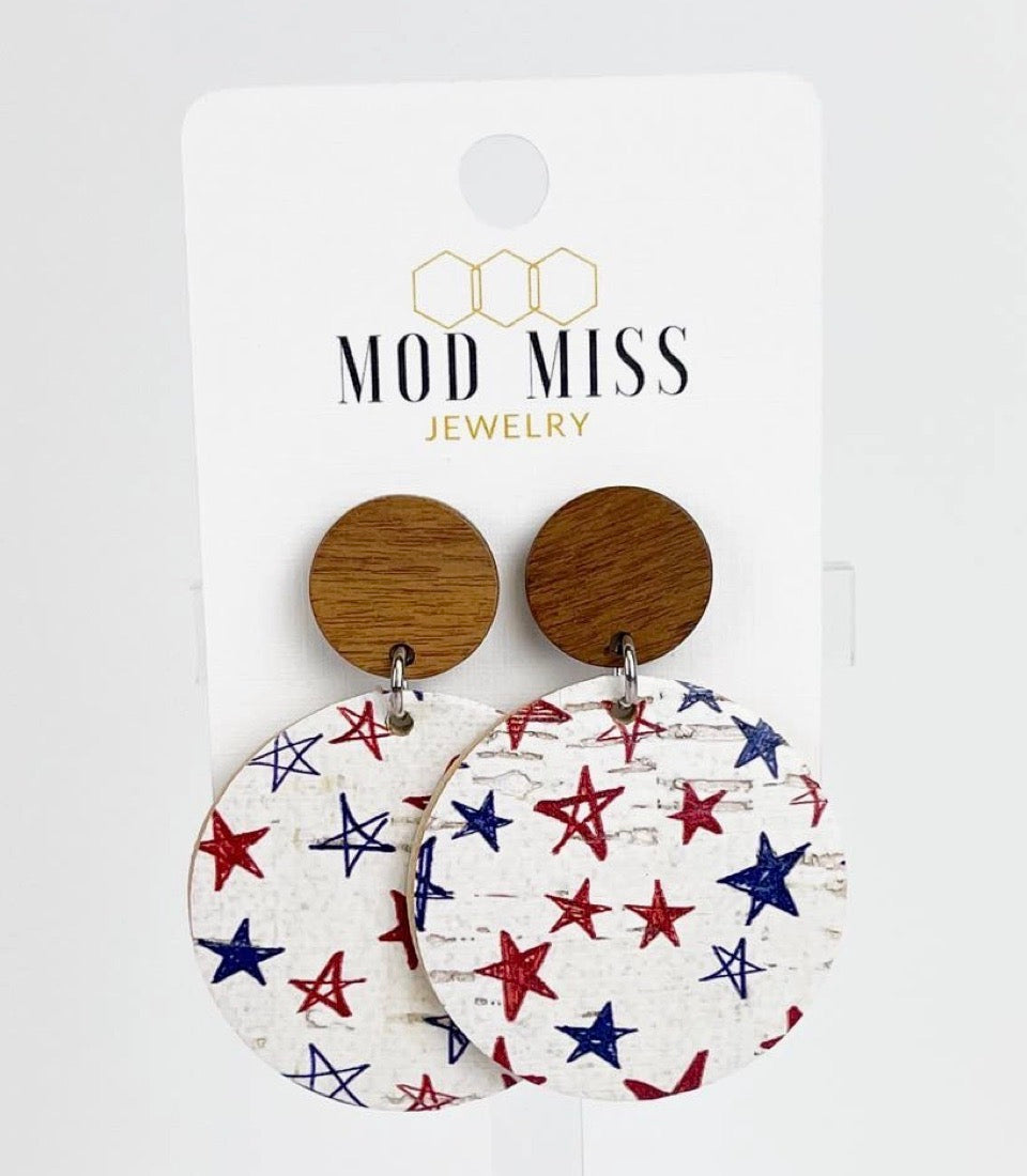 Cork+Leather Round Earring "Hand Drawn Stars"