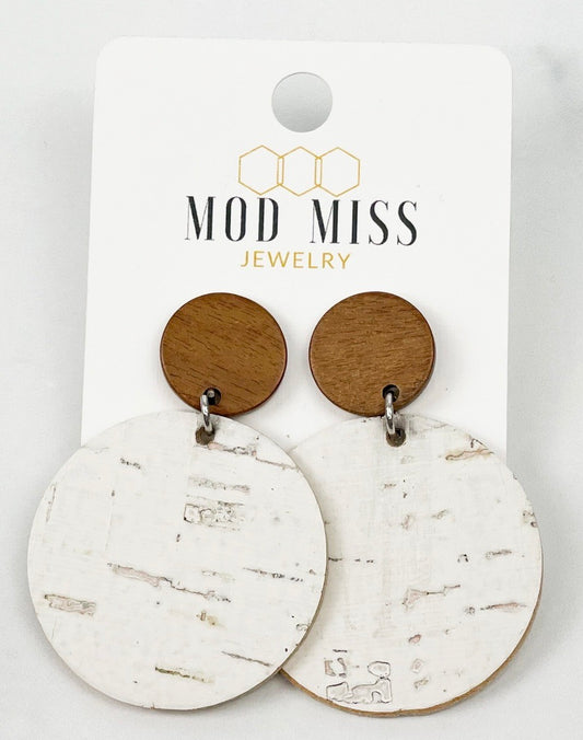 Cork+Leather Round Earring "White ''