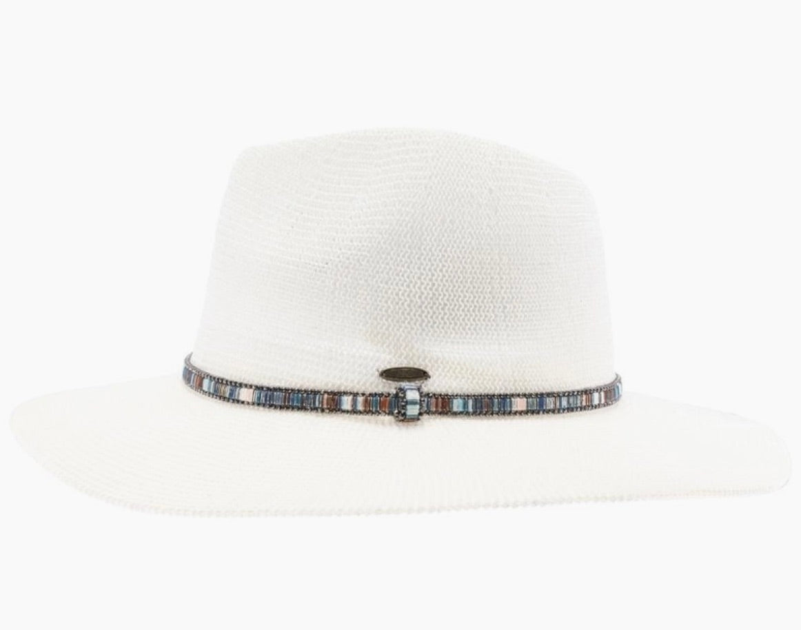Knit Multi Thread Rhinestone Band Panama Hat-White