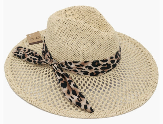 Leopard Print Band Trim Panama Hat-Natural
