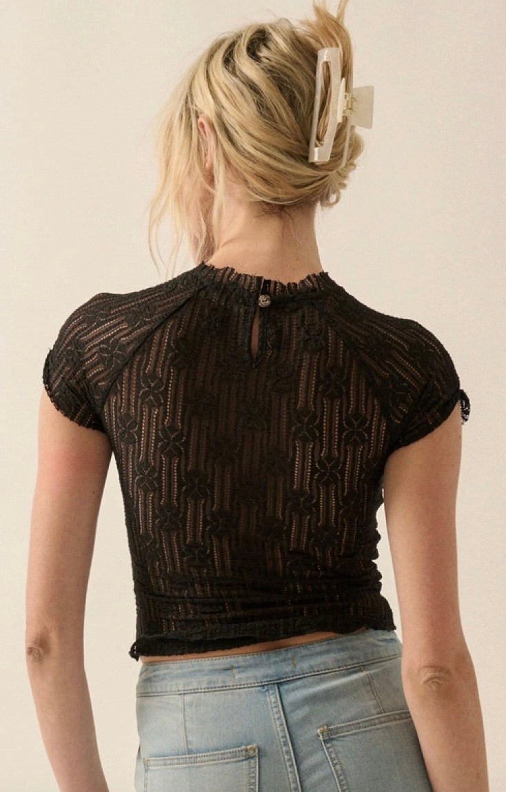 Floral-Lace Crew Neck Knit Top-Black