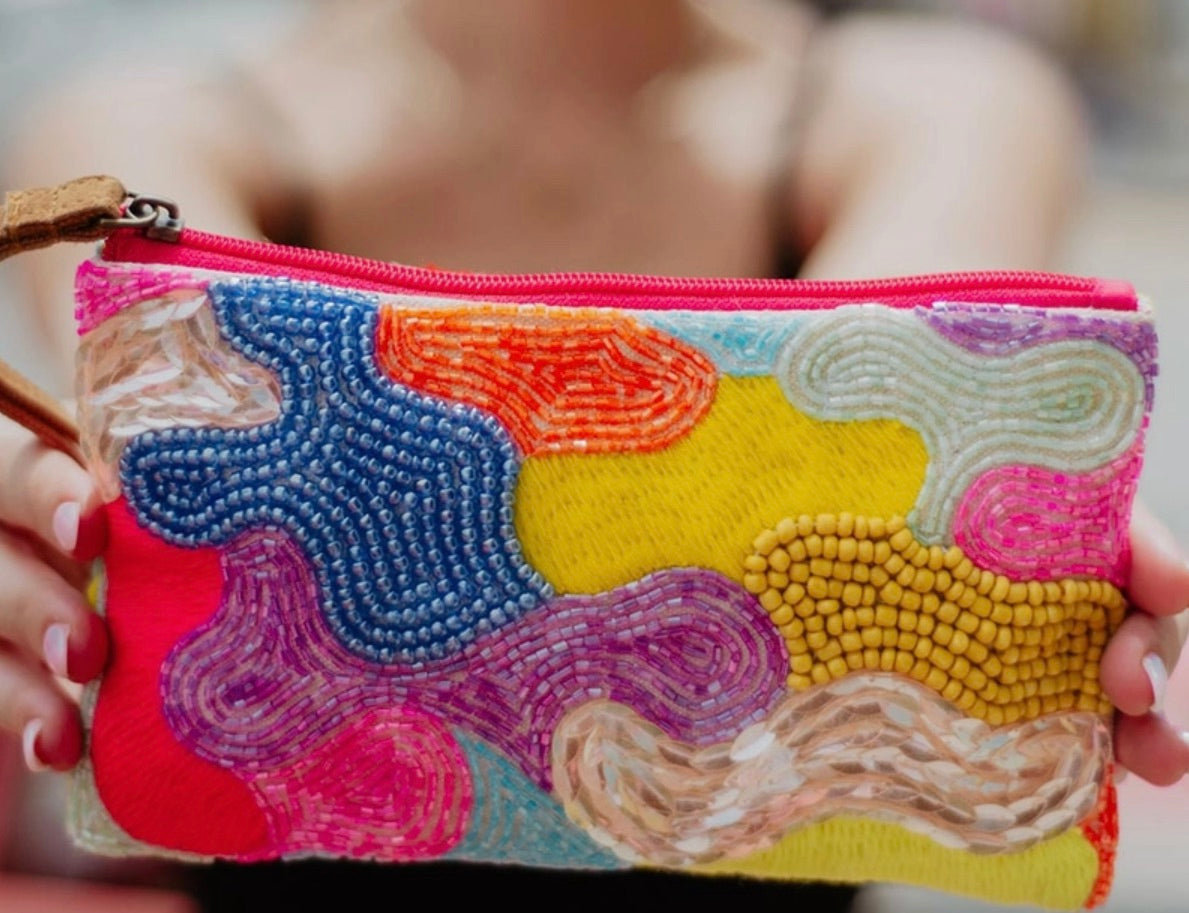 Multicolored Aztec Sequin and Beaded Wristlet Purse