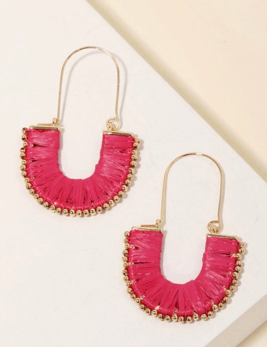 Raffia Wrapped Arch Drop Earrings-Fuscia