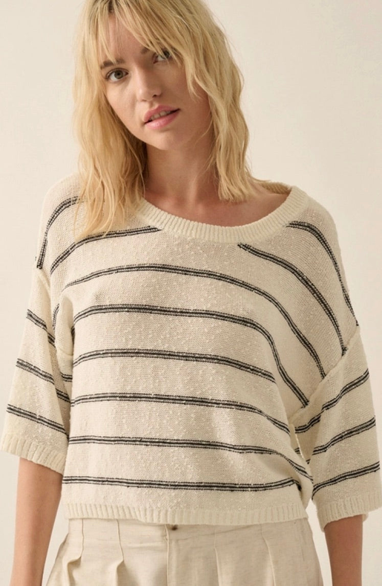 Striped Knit Boat Neck Sweater-Cream/Black