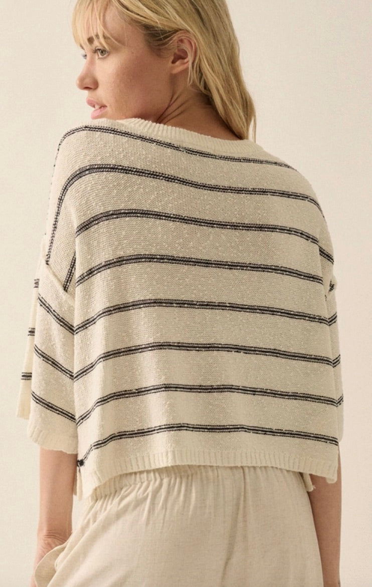 Striped Knit Boat Neck Sweater-Cream/Black