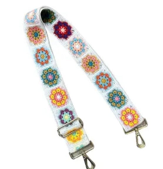 Crochet Bag Strap - White with Flowers