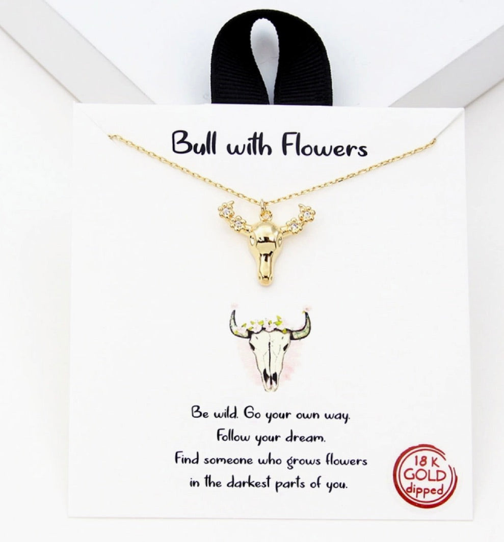 Gold-Dipped Floral Bull Head Pendant Necklace