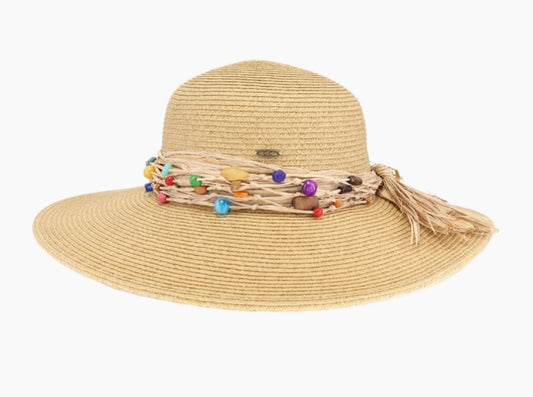 Colorful Bead Trim Wide Brim C.C Sun Hat-Natural Multi
