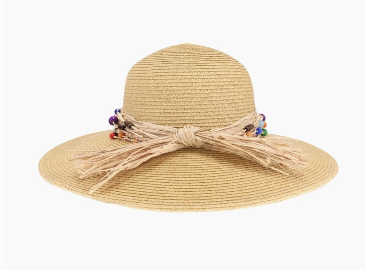 Colorful Bead Trim Wide Brim C.C Sun Hat-Natural Multi