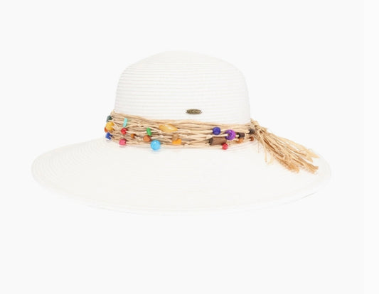 Colorful Bead Trim Wide Brim C.C Sun Hat-White