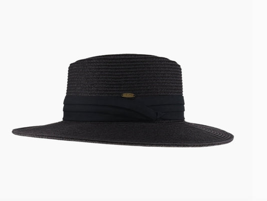 Pleated Trim Wide Brim C.C Boater Hat -Black